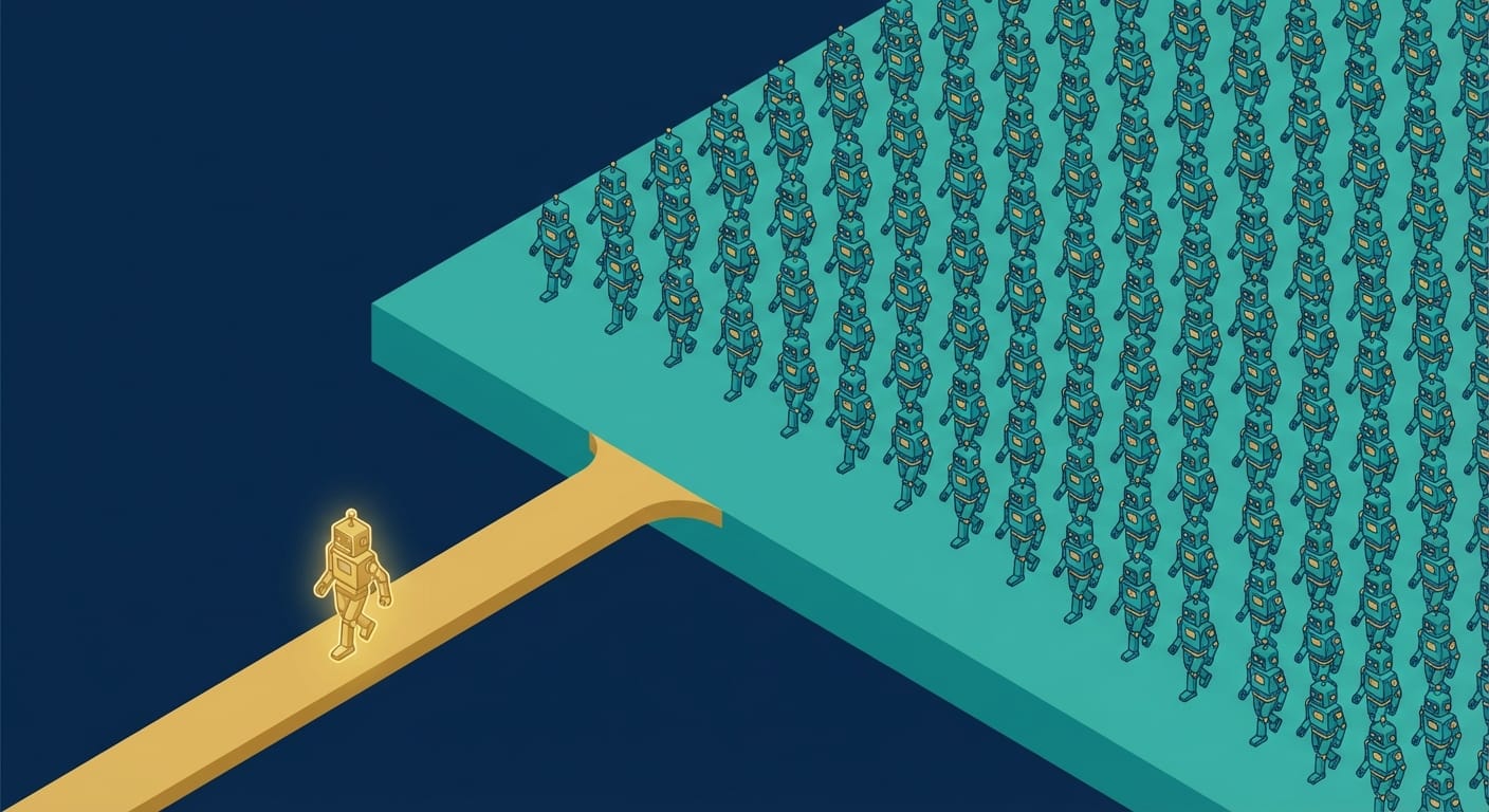 Illustration of hundreds of identical robots, with one taking a different path alone