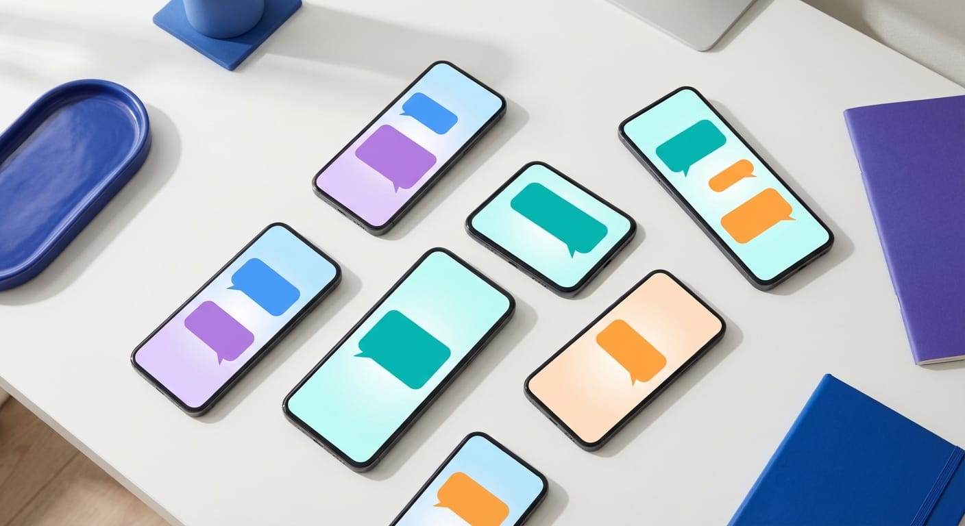 Multiple smartphone screens showing AI chat interfaces on a desk