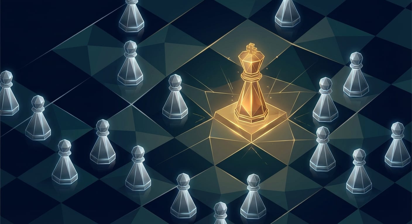 Illustration of a glowing gold king chess piece among identical silver pawns on a chessboard