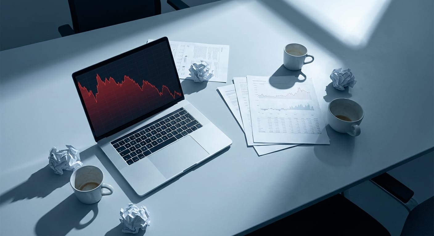Office desk with financial documents and a declining chart